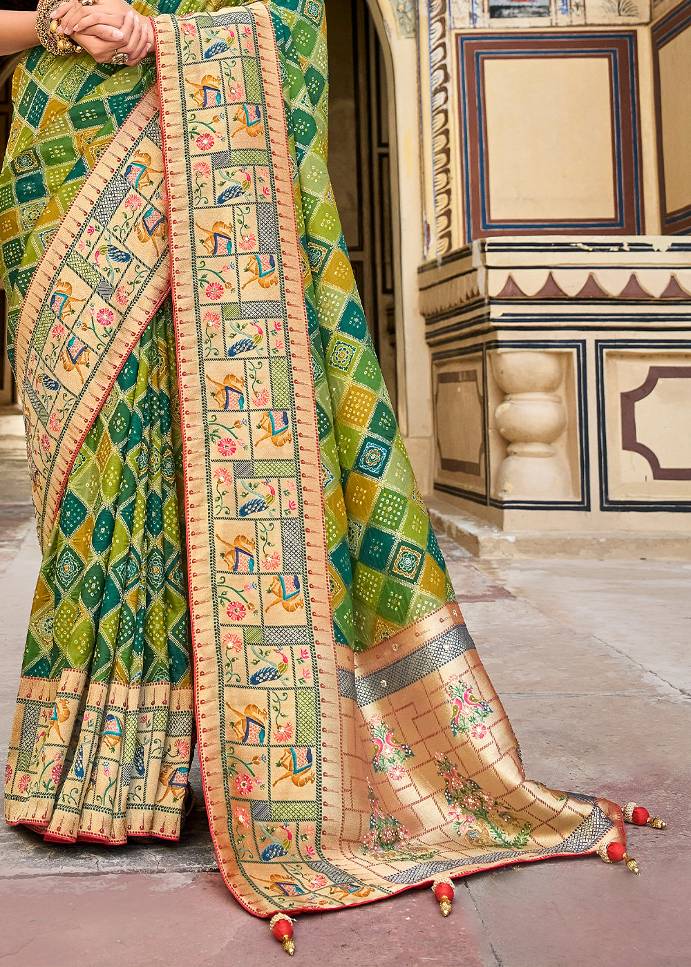 Buy MySilkLove Husk Green and Red Patola Printed Dola Silk Saree With Embroidered Blouse Online