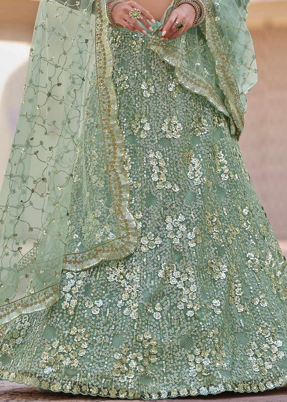 Buy MySilkLove Sage Green Soft Net Designer Lehenga Choli Online