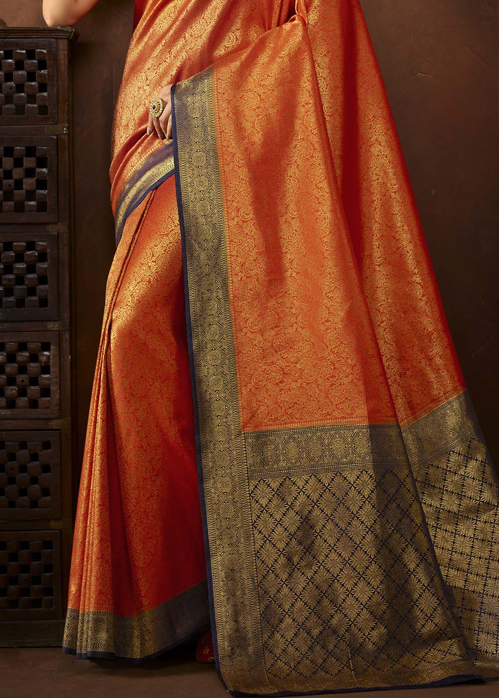 Buy MySilkLove Pea Orange and Blue Zari Woven Kanjivaram Saree Online