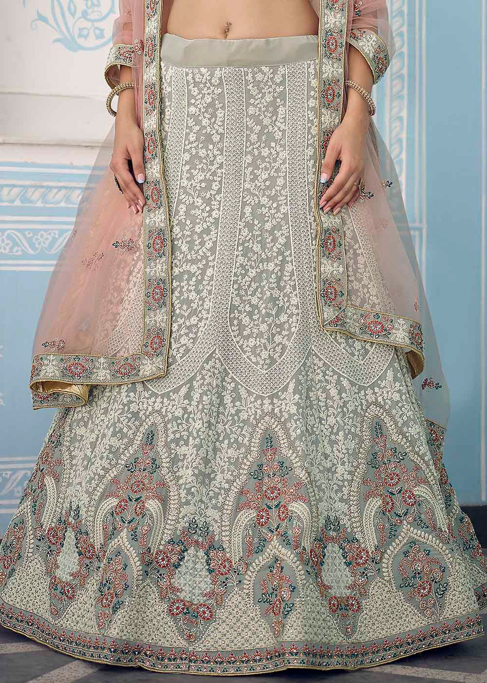 Buy MySilkLove Tea Grey Designer Georgette Lehenga Choli Online