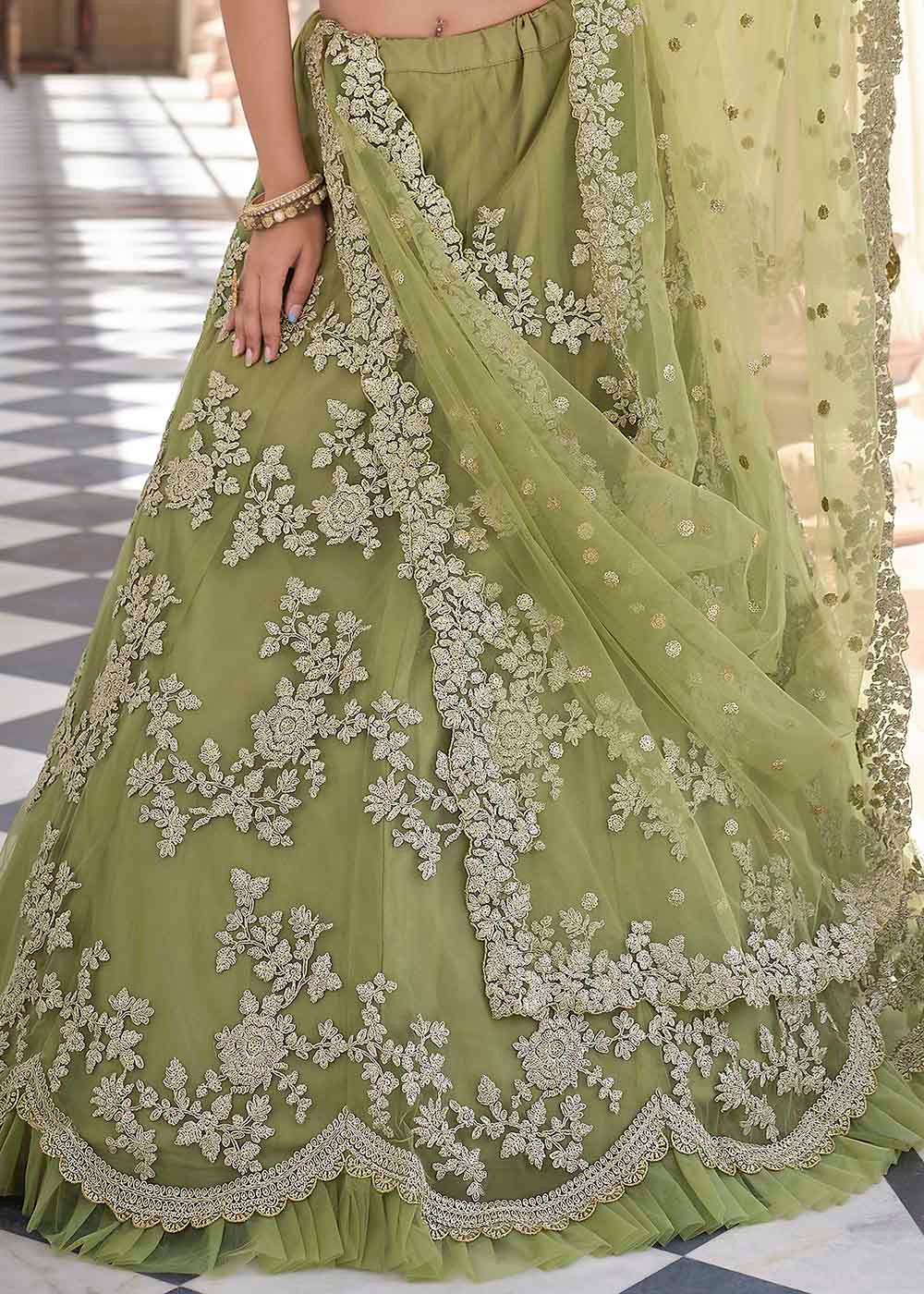 Buy MySilkLove Gold Green Soft Net Designer Lehenga Choli With Dori & Sequins Work Online