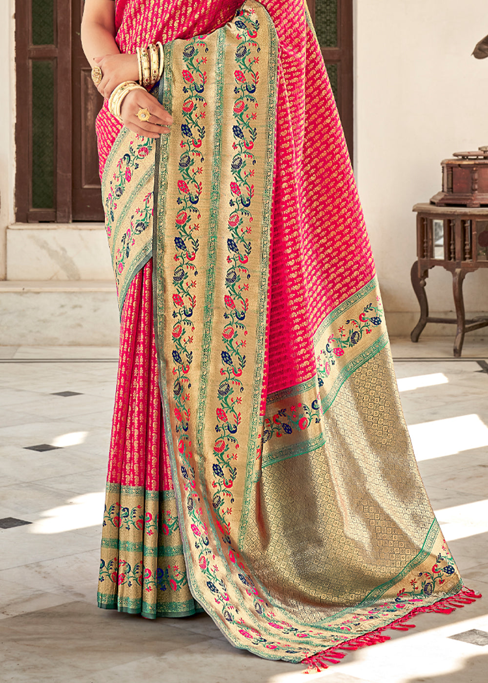 Buy MySilkLove Wild Pink and Blue Zari Woven Banarasi Brocade Saree Online