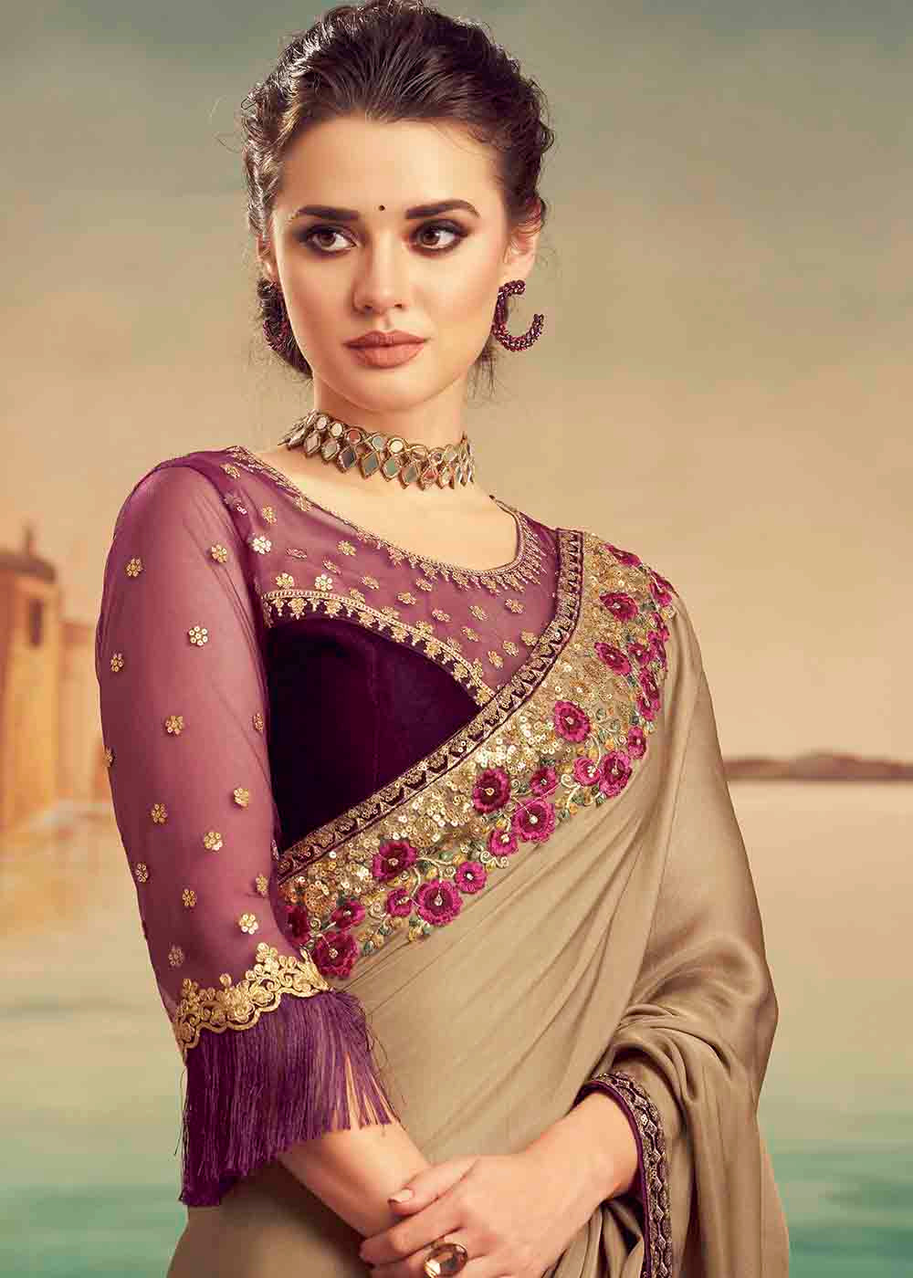 MySilkLove Muesli Brown and Purple Embroidered Satin Silk Designer Saree