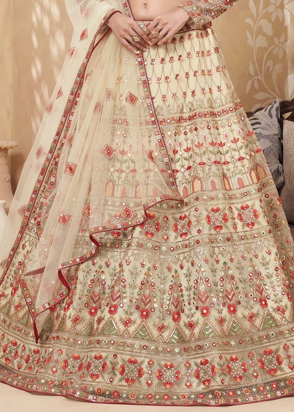 Buy MySilkLove Mandys Light Yellow Designer Net Lehenga with Multi Thread Embroidery Work Online