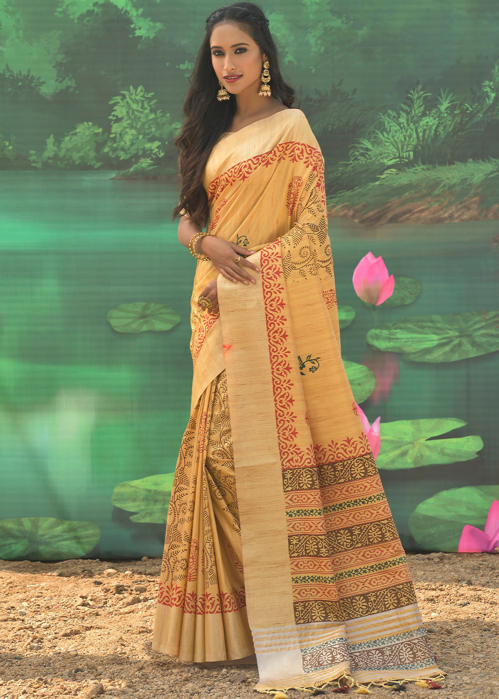 Buy MySilkLove Portafino Yellow Cotton Silk Printed Saree Online