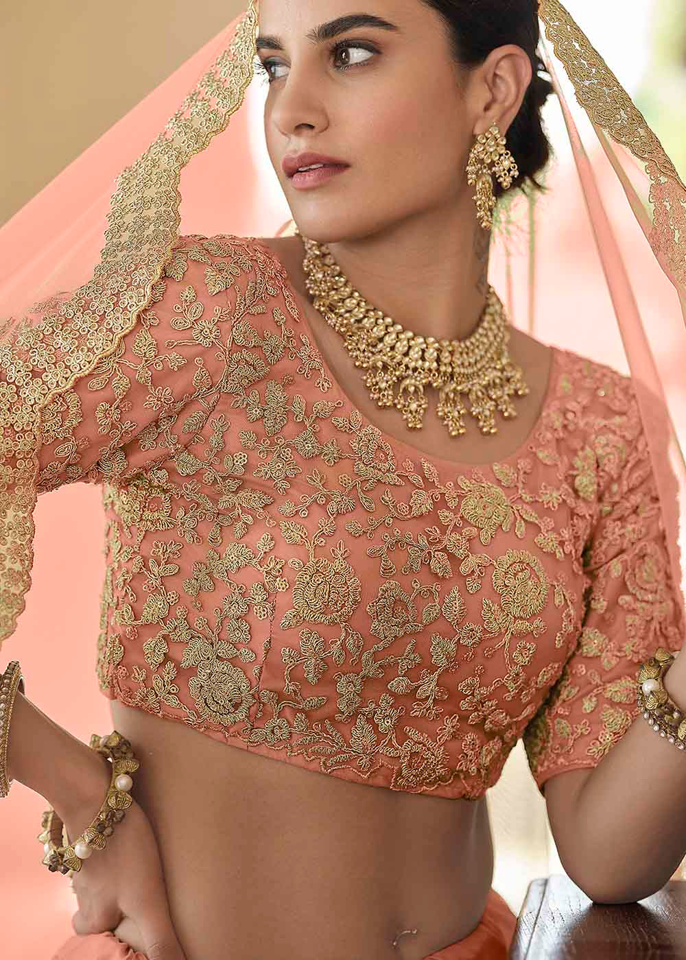 Buy MySilkLove Wax Flower Peach Soft Net Designer Lehenga Choli With Dori & Sequins Work Online