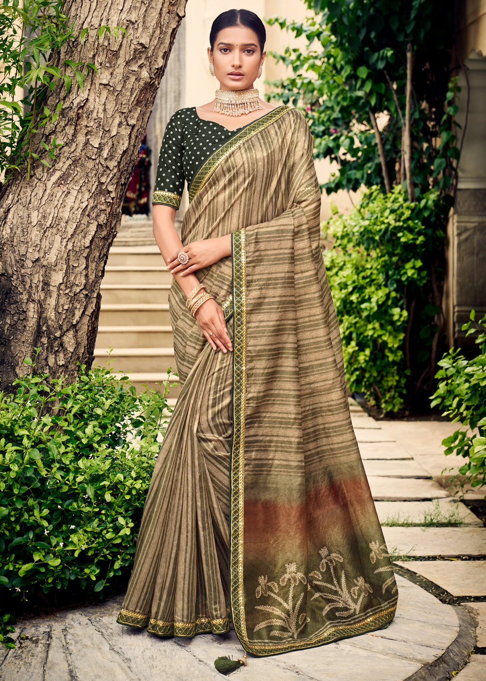 Buy MySilkLove Asparagus Green Digital Printed Lehriya Silk Saree Online