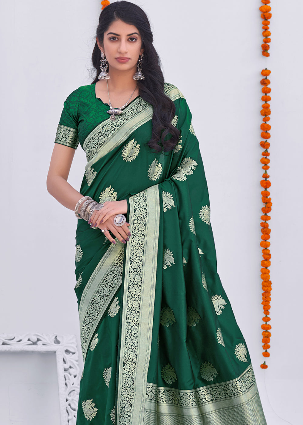 Buy MySilkLove Green Pea Zari Woven Banarasi Silk Saree Online