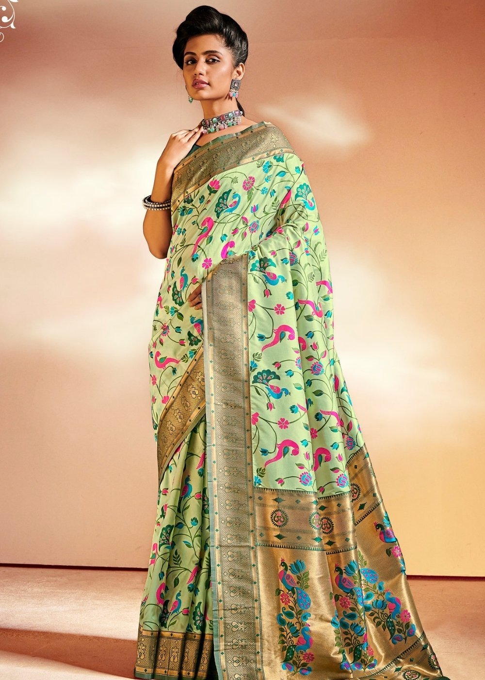Buy MySilkLove Deco Light Green Zari Woven Banarasi Paithani Fusion Saree Online