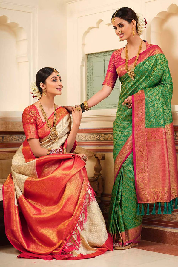 Buy MySilkLove Sorrell Cream and Dark Pink Zari Woven Kanjivaram Saree Online