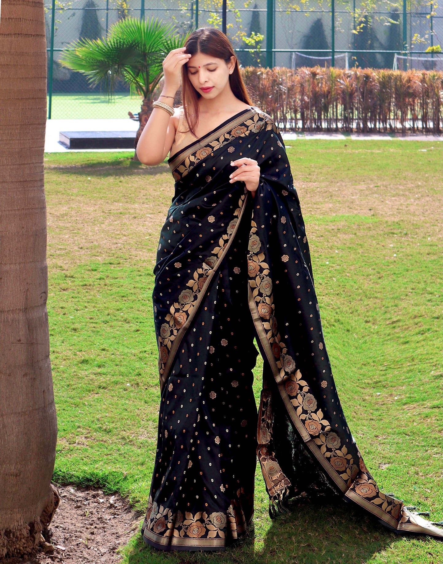 Buy MySilkLove Black Bean Soft Silk Saree with Floral Woven Border and Pallu Online