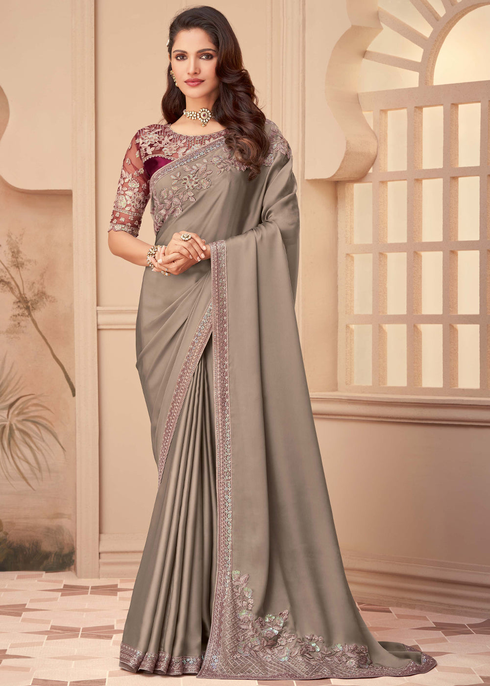 Buy MySilkLove Quicksand Grey Georgette Designer Saree with Embroidered Blouse Online