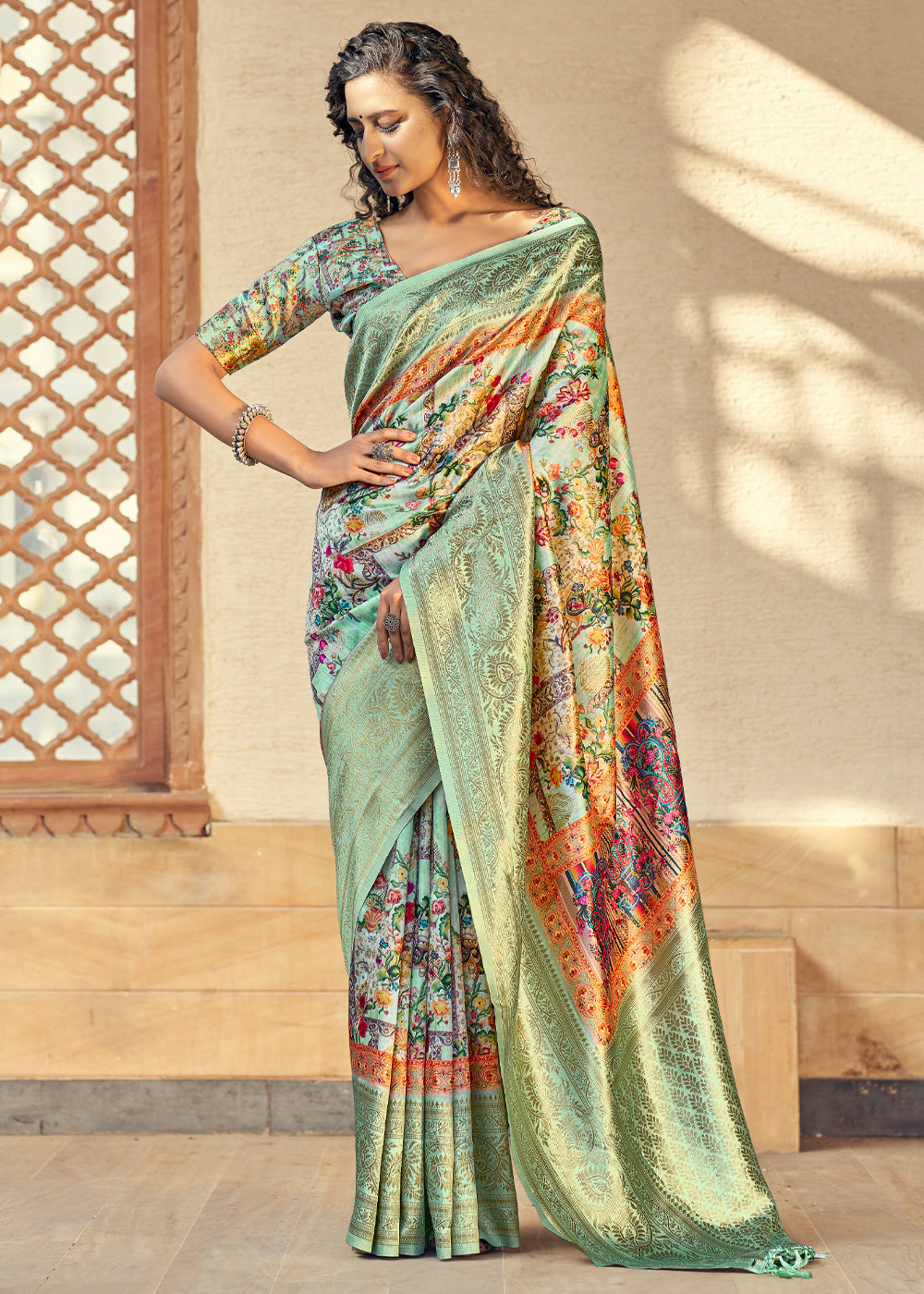 Buy MySilkLove Green Mist Digital Printed Jacquard Silk Saree Online