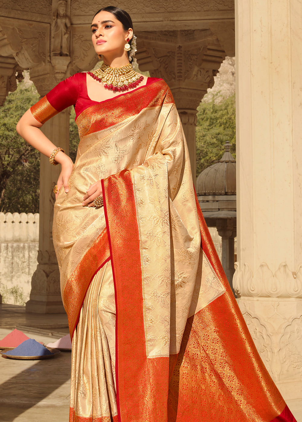 Buy MySilkLove Harvest Beige and Red Zari Woven Kanjivaram Saree Online