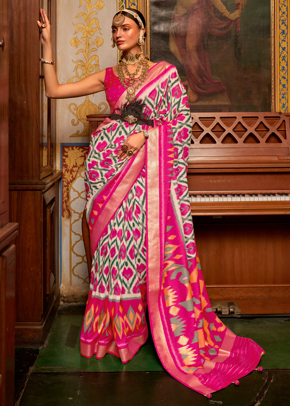 Buy MySilkLove Rose Fog White and Pink Patola Silk Saree Online