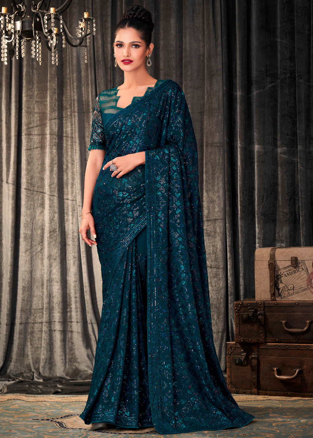 Buy MySilkLove Tiber Blue Sequins Embroidered Designer Georgette Saree Online