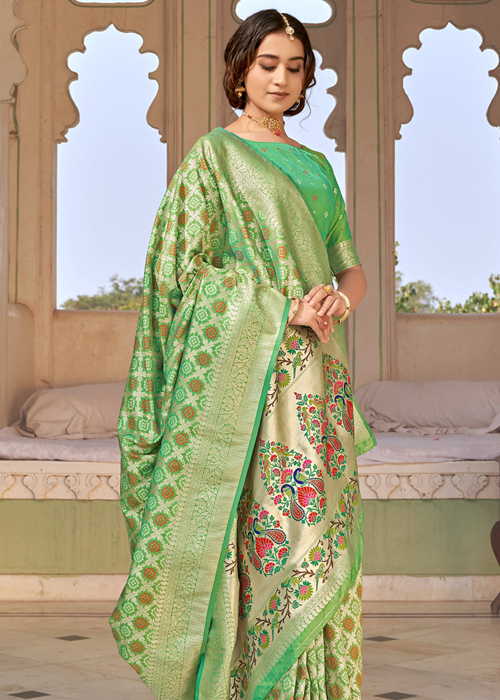 Buy MySilkLove Silver Tree Green Zari Woven Banarasi Brocade Saree Online