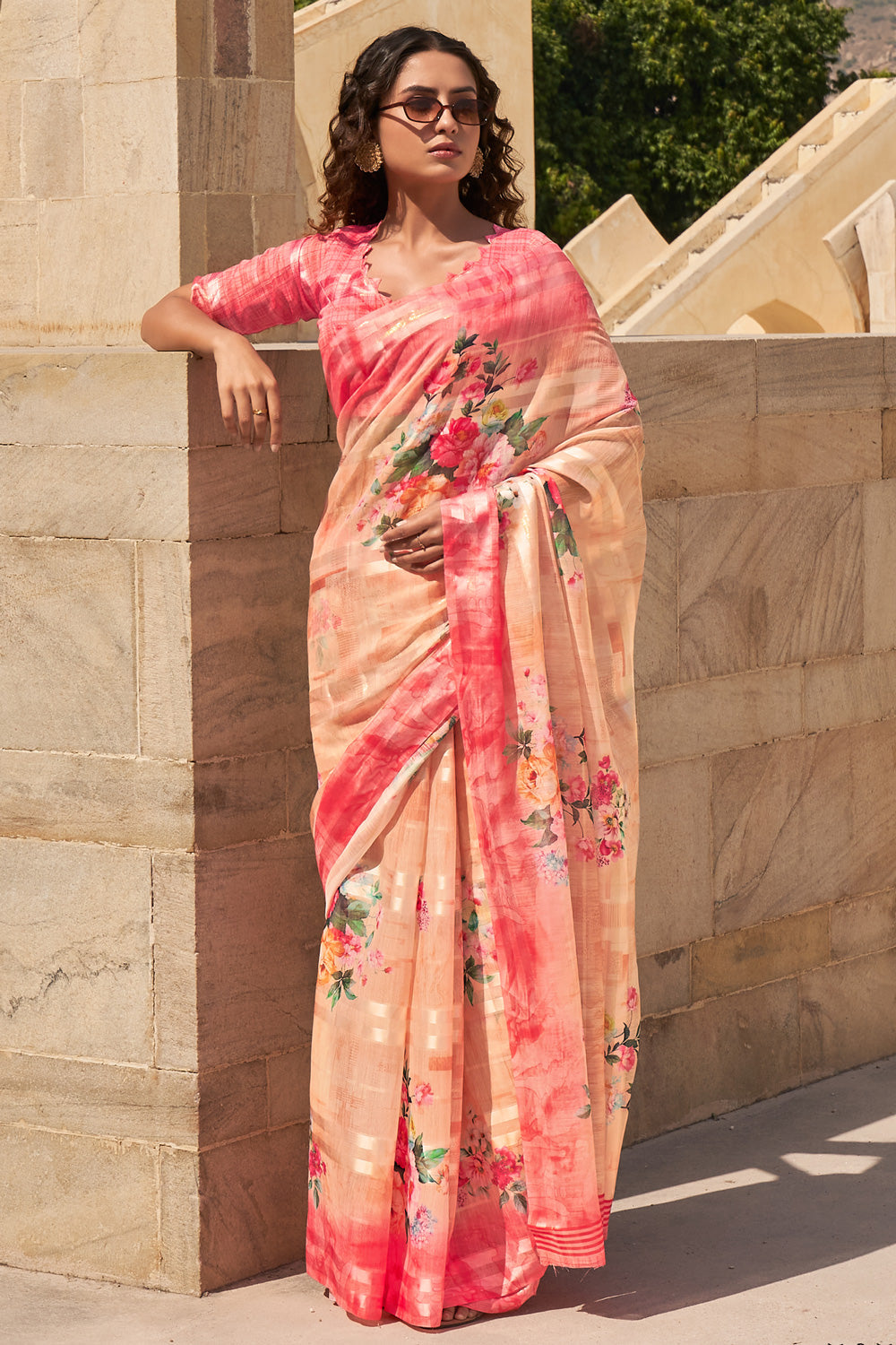 Buy MySilkLove Peach and Orange Digital Printed Linen Floral Saree Online