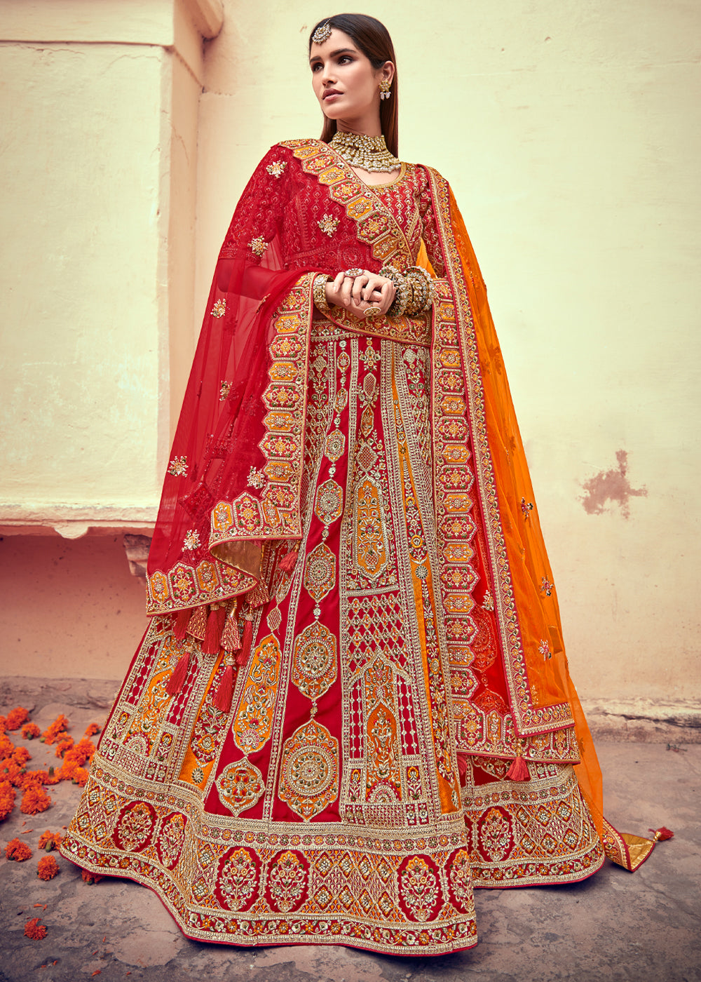 Buy MySilkLove Roof Red and Orange Heavy Embroidered Designer Lehenga Online