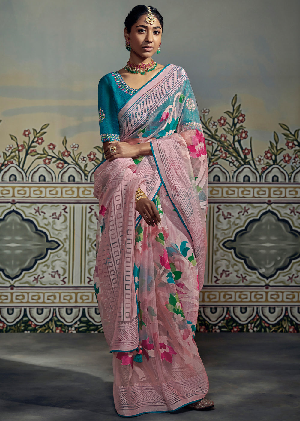 Buy MySilkLove Cavern Pink and Blue Woven Soft Silk Saree with Embroidered Blouse Online