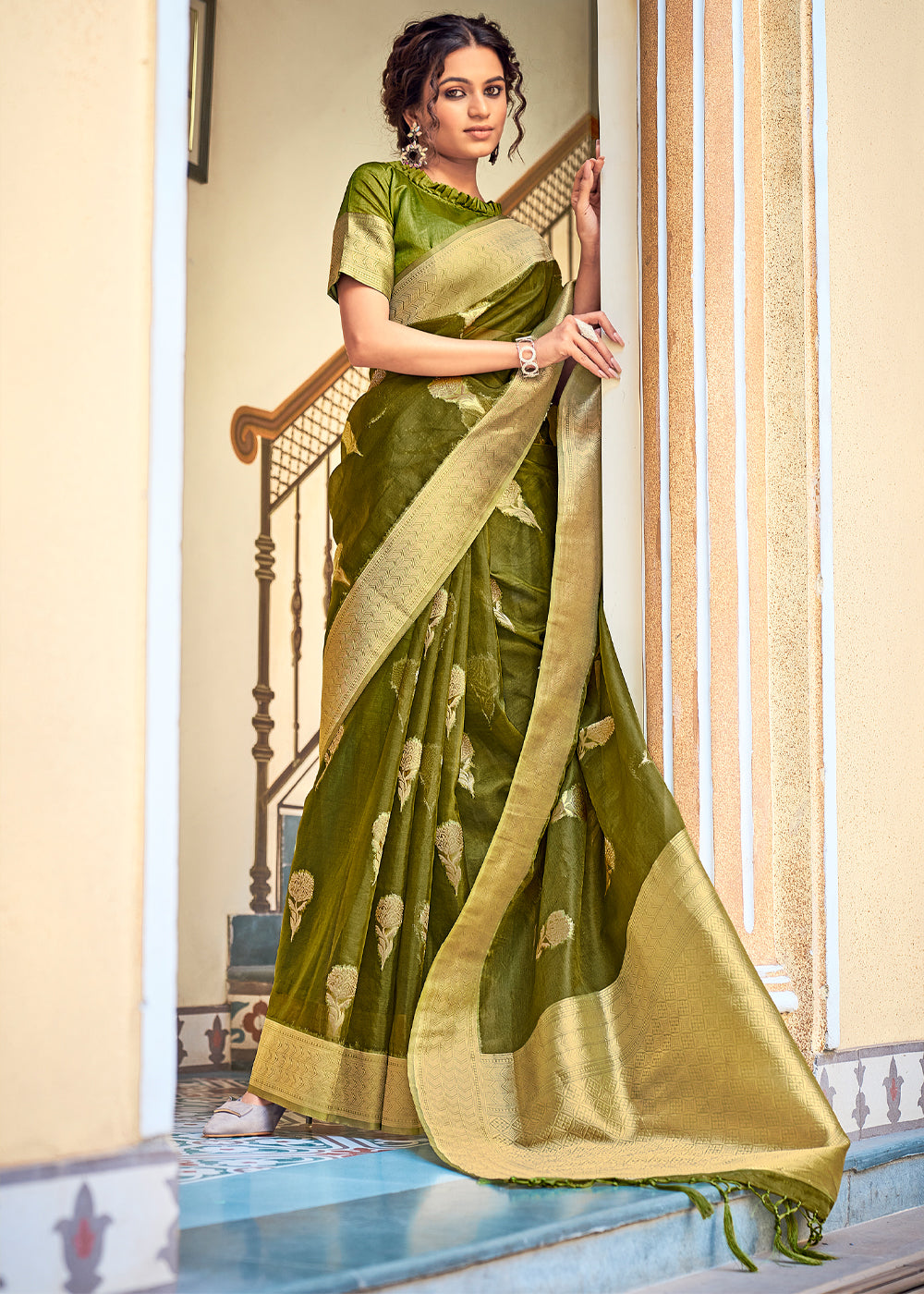 Buy MySilkLove Mustard Green Zari Woven Banarasi Organza Saree Online