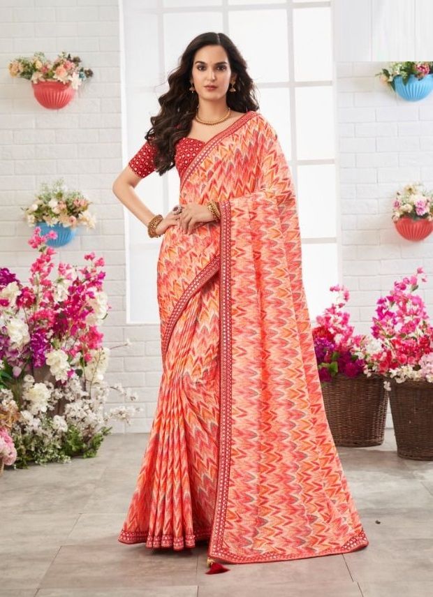 Buy MySilkLove Froly Peach Chinon Printed Saree Online