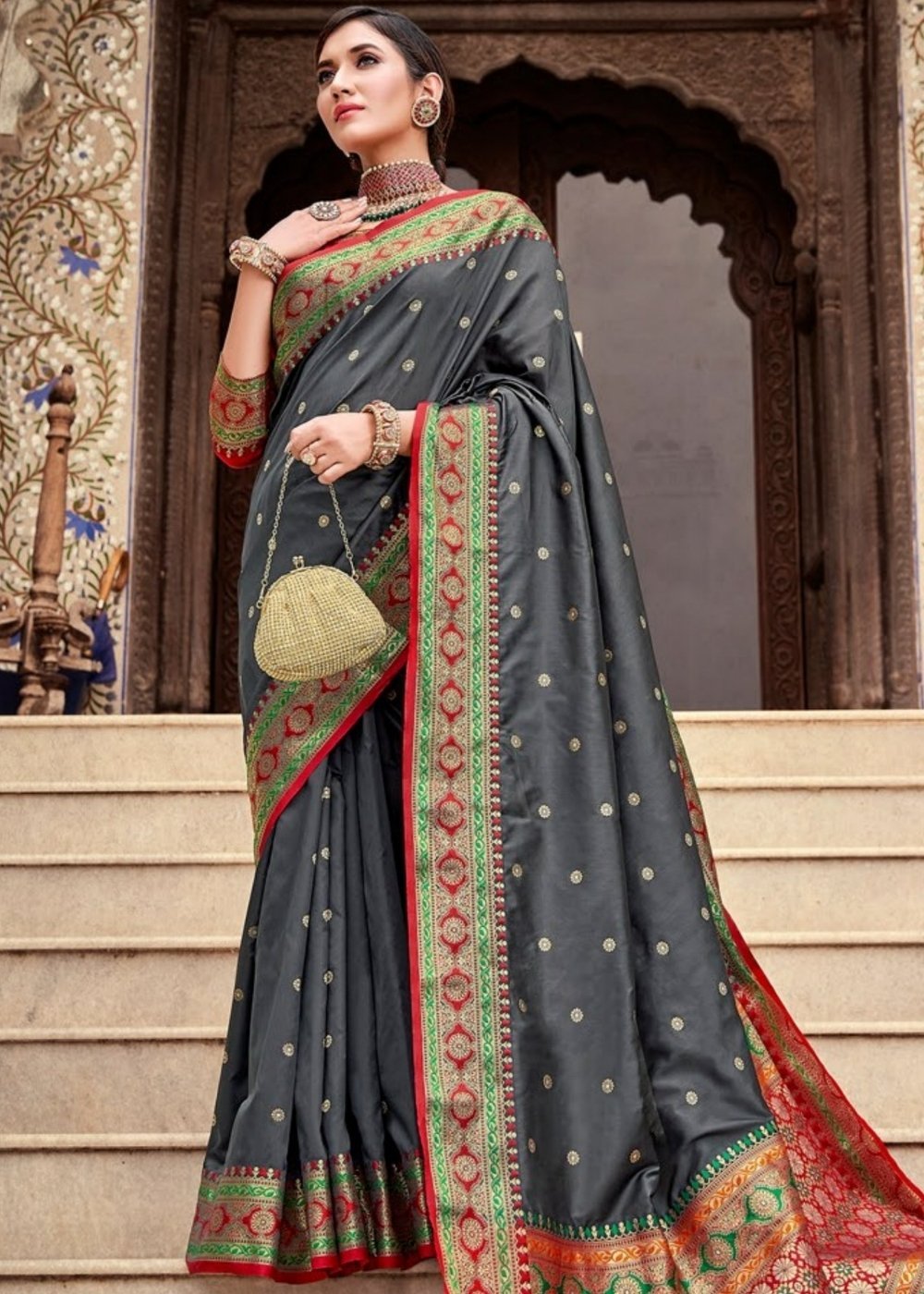 Buy MySilkLove Mid Gray Zari Woven Banarasi Saree Online