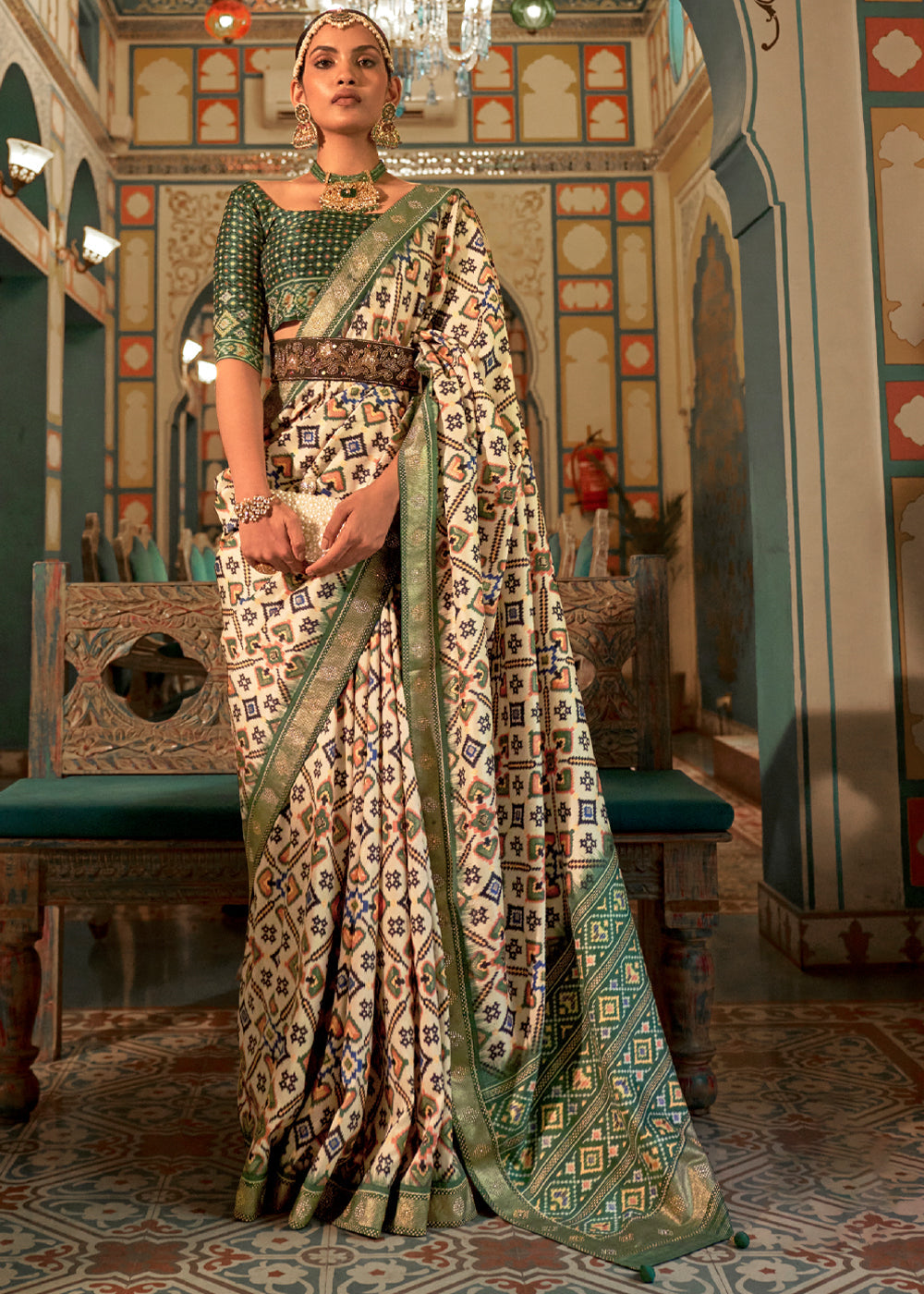 Buy MySilkLove Spanish Beige and Green Woven Patola Silk Saree Online