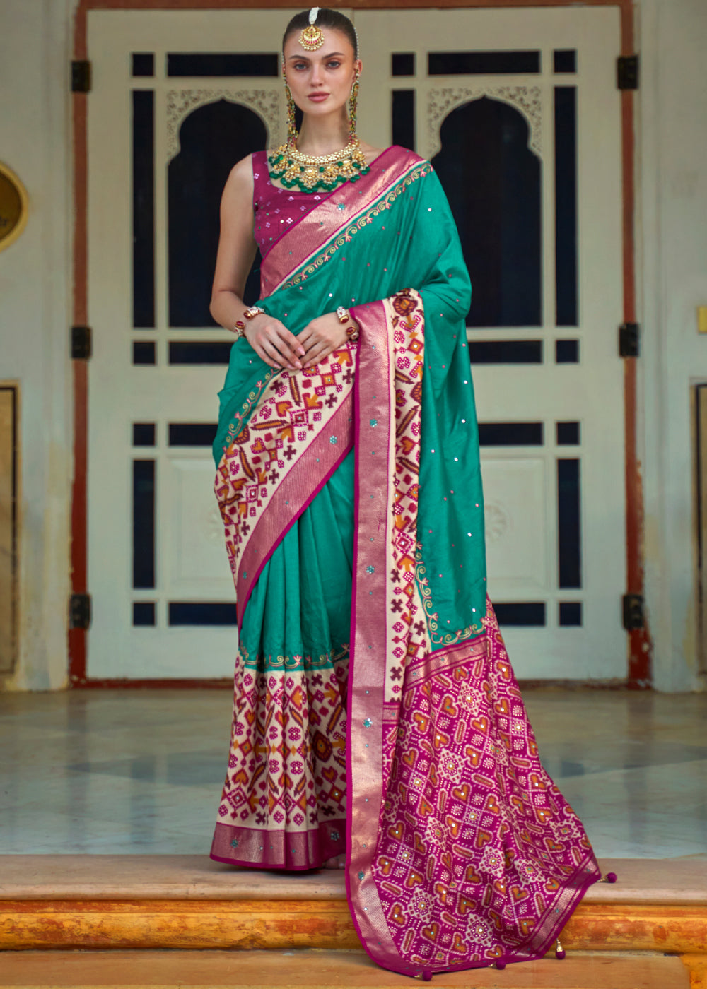 Buy MySilkLove Pine Green and Pink Woven Patola Silk Saree Online