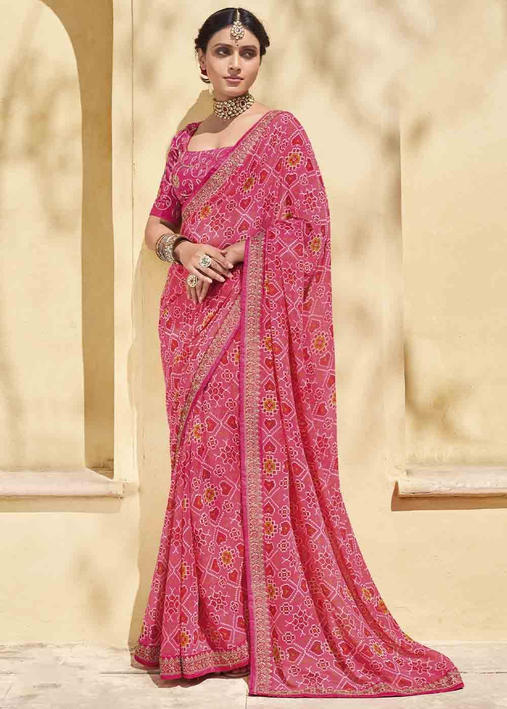 Buy MySilkLove Contessa Pink Patola Print Georgette Saree With Embroidered Blouse Online