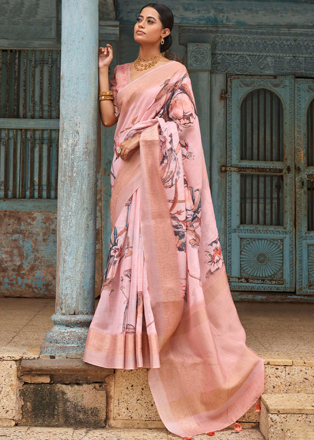 Buy MySilkLove Beauty Bush Pink Floral Printed Linen Silk Saree Online