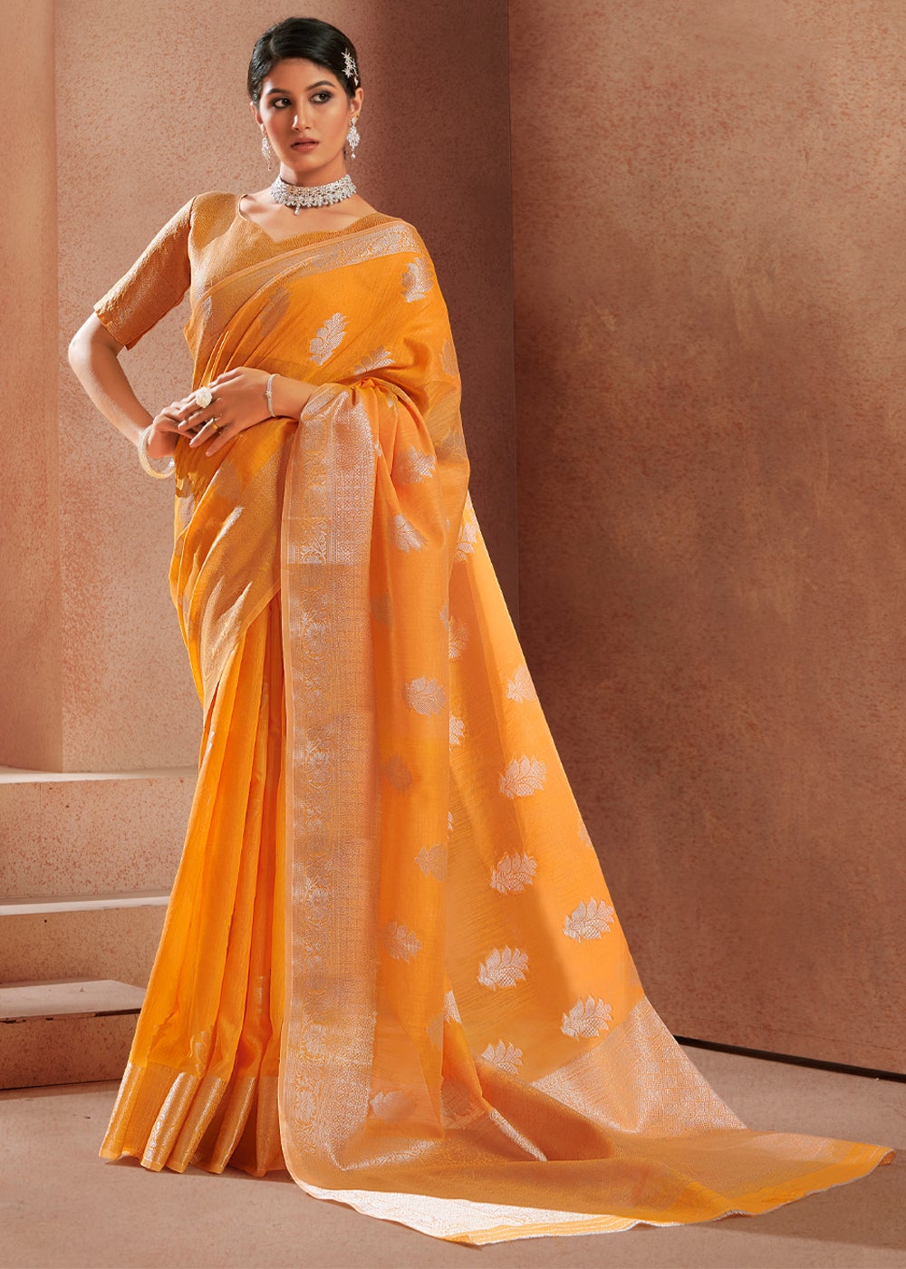 Buy MySilkLove Neon Carrot Orange Zari Woven Banarasi Linen Saree Online