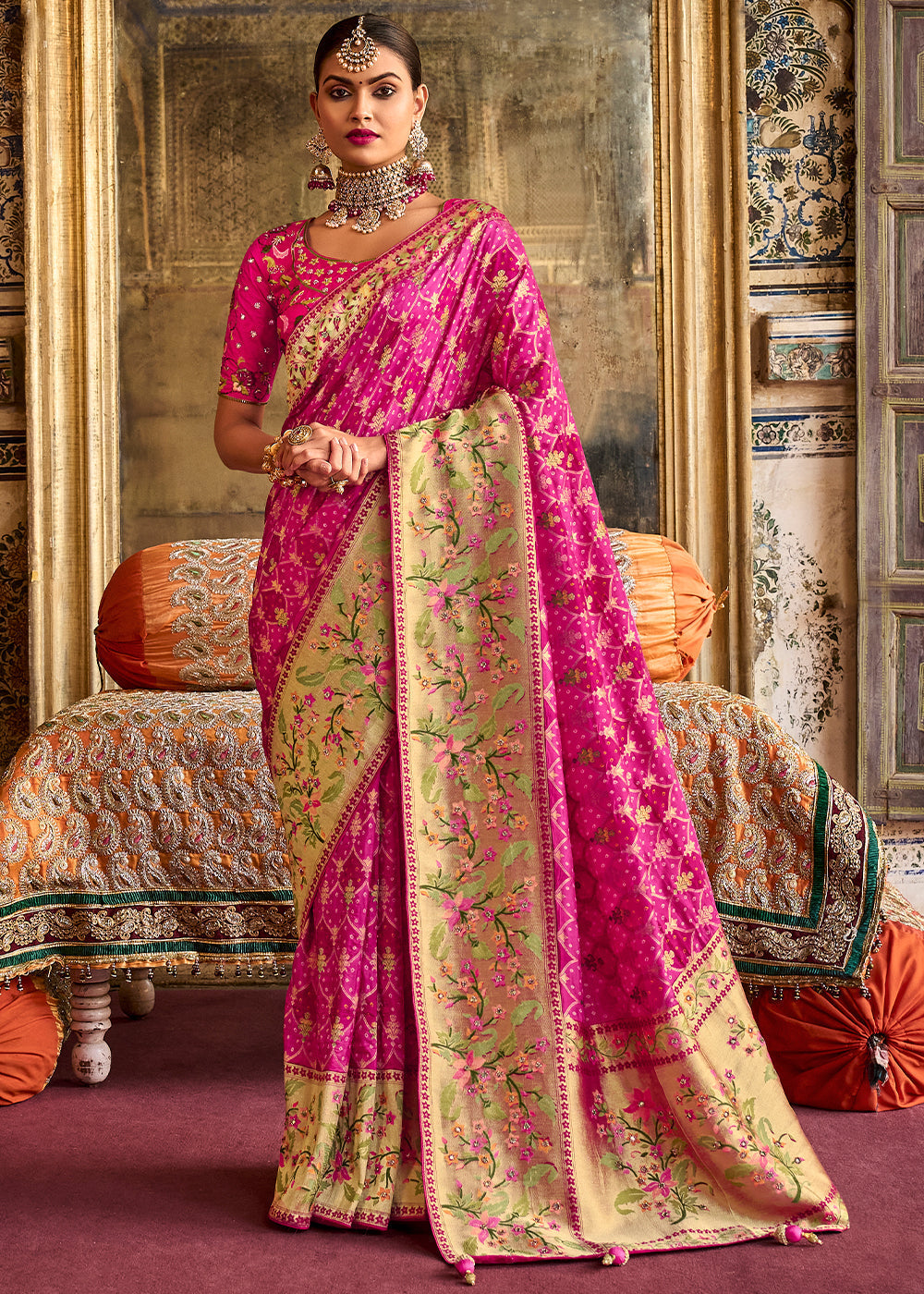 Buy MySilkLove Hot Pink Patola Printed Dola Silk Saree With Embroidered Blouse Online