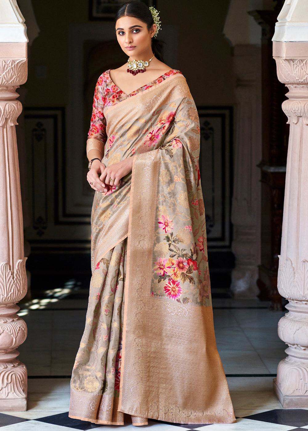 Buy MySilkLove Rodeo Dust Grey Zari Woven Floral Banarasi Saree Online