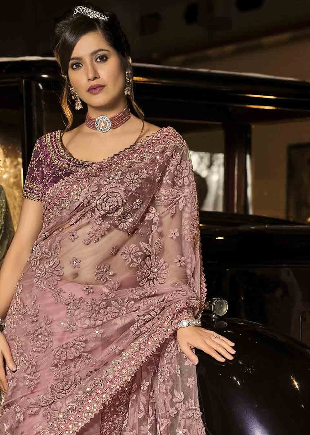 Buy MySilkLove Beauty Pink Purple Heavy Work Designer Net Saree Online