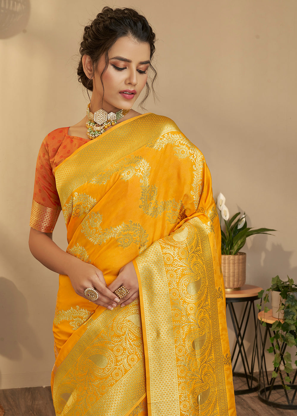 Buy MySilkLove Fuel Yellow and Orange Zari Woven Banarasi Saree Online