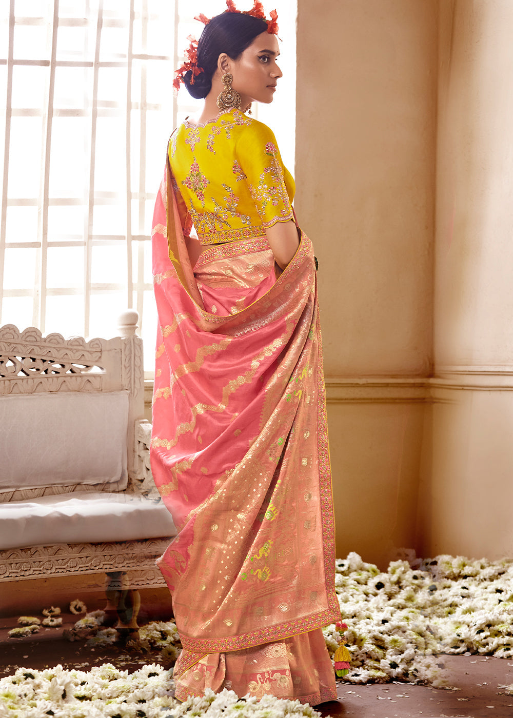 Buy MySilkLove Copperfield Peach and Yellow Banarasi Saree with Designer Blouse Online
