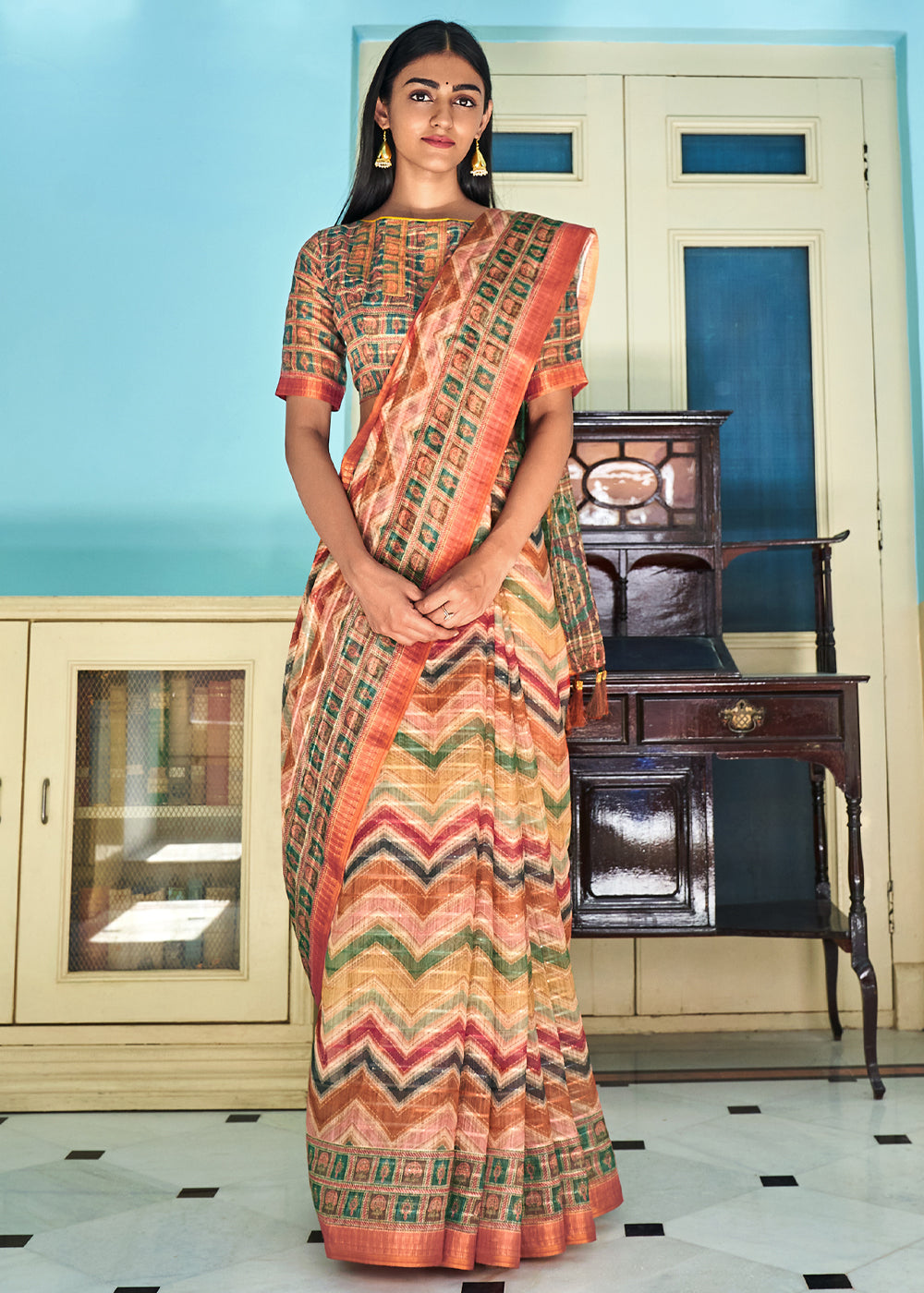 Buy MySilkLove Half Peach Printed Linen Saree Online