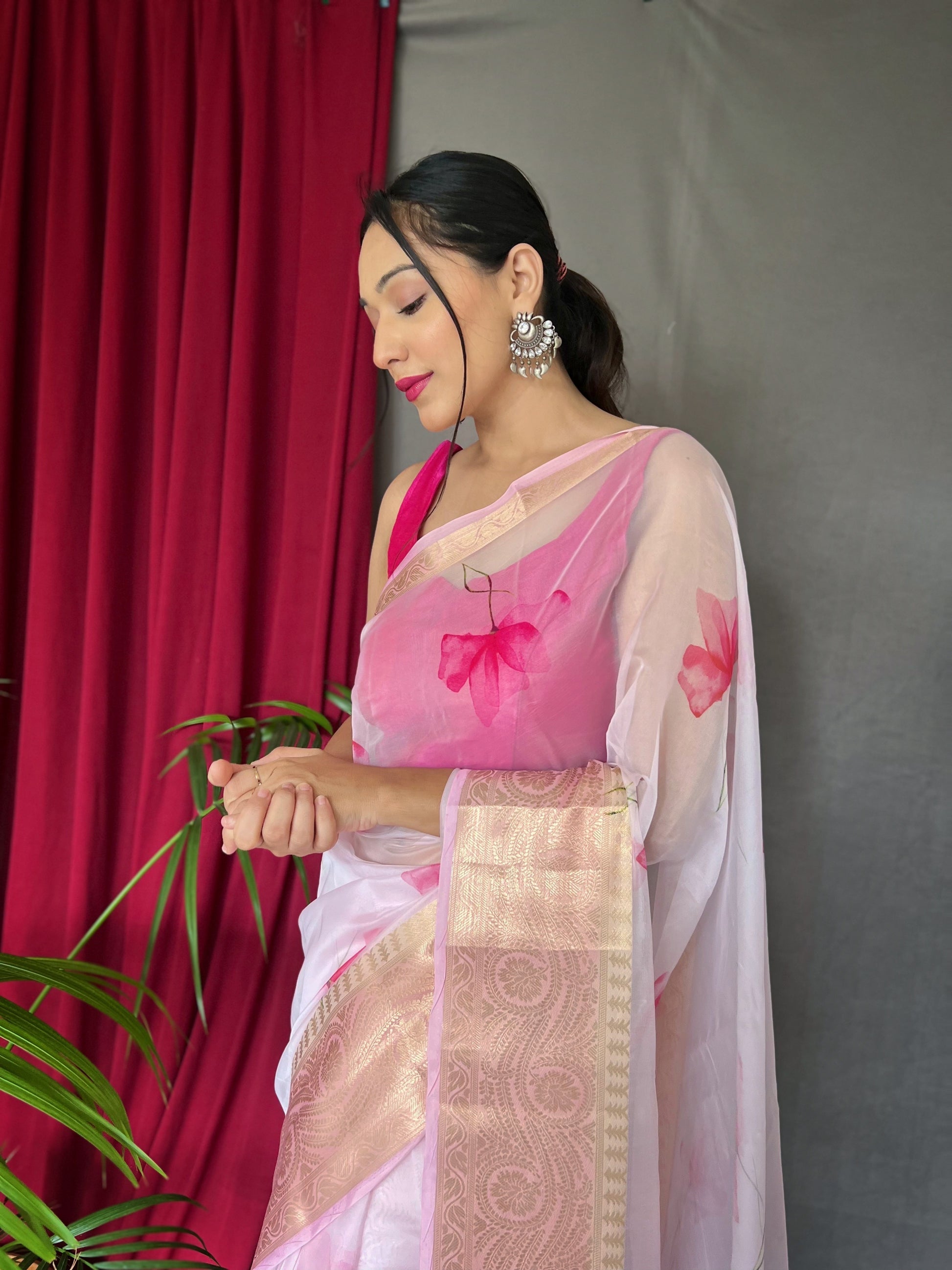 Buy MySilkLove Lily Pink Organza Digital Floral Printed Saree Online