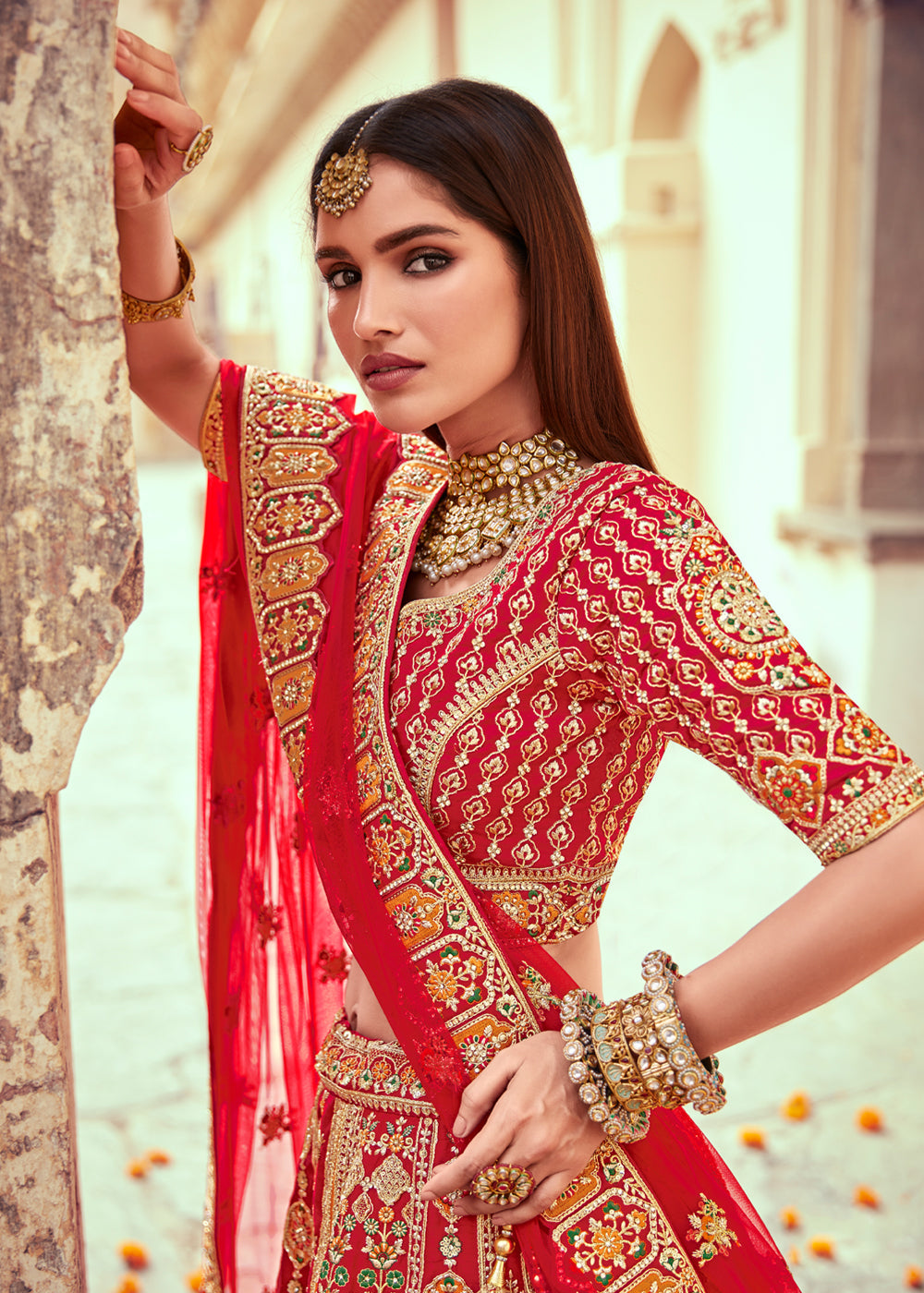 Buy MySilkLove Roof Red and Orange Heavy Embroidered Designer Lehenga Online