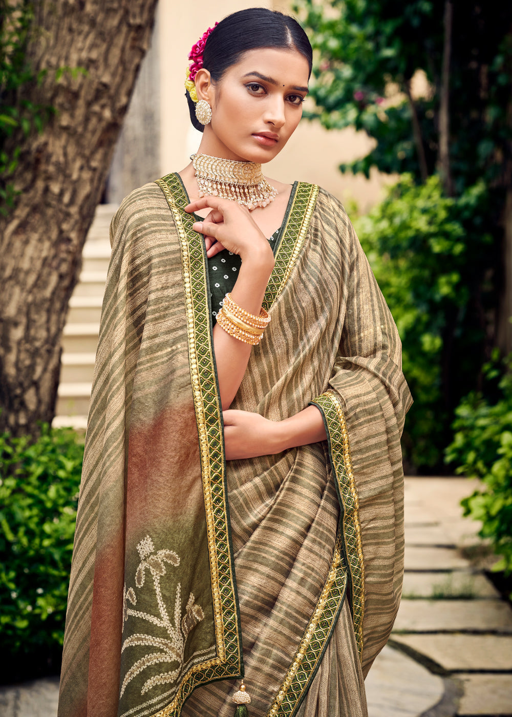 MySilkLove Asparagus Green Digital Printed Lehriya Silk Saree