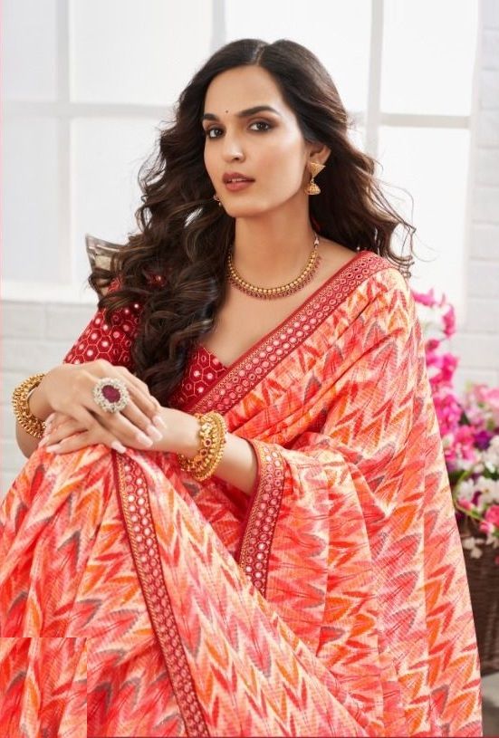 MySilkLove Froly Peach Chinon Printed Saree