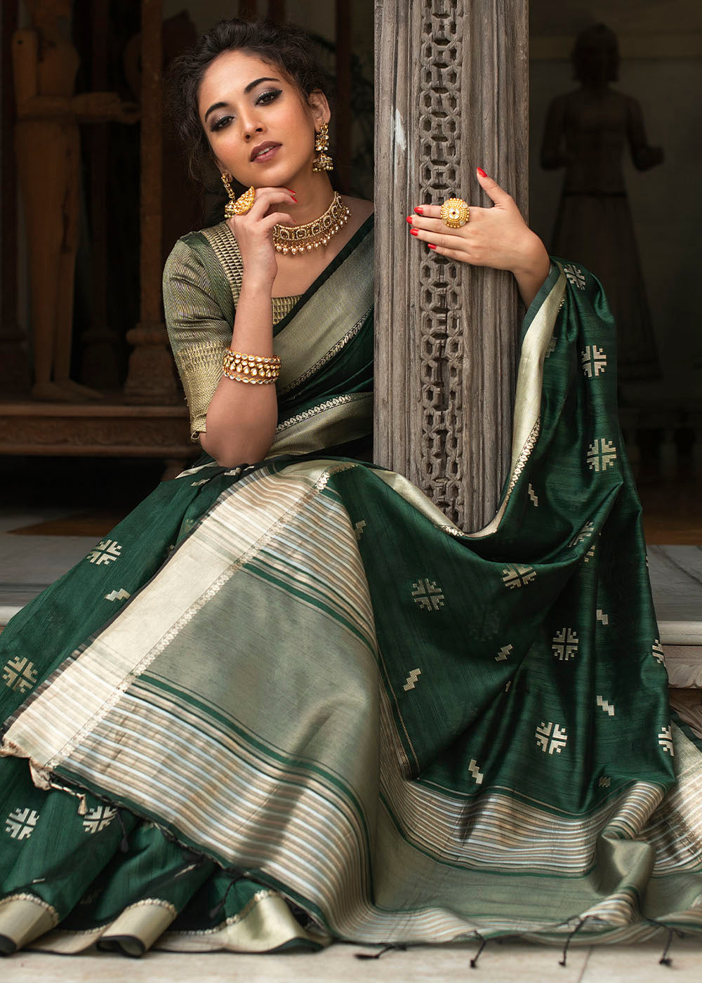 Buy MySilkLove Leather Green Zari Woven Tussar Silk Saree Online