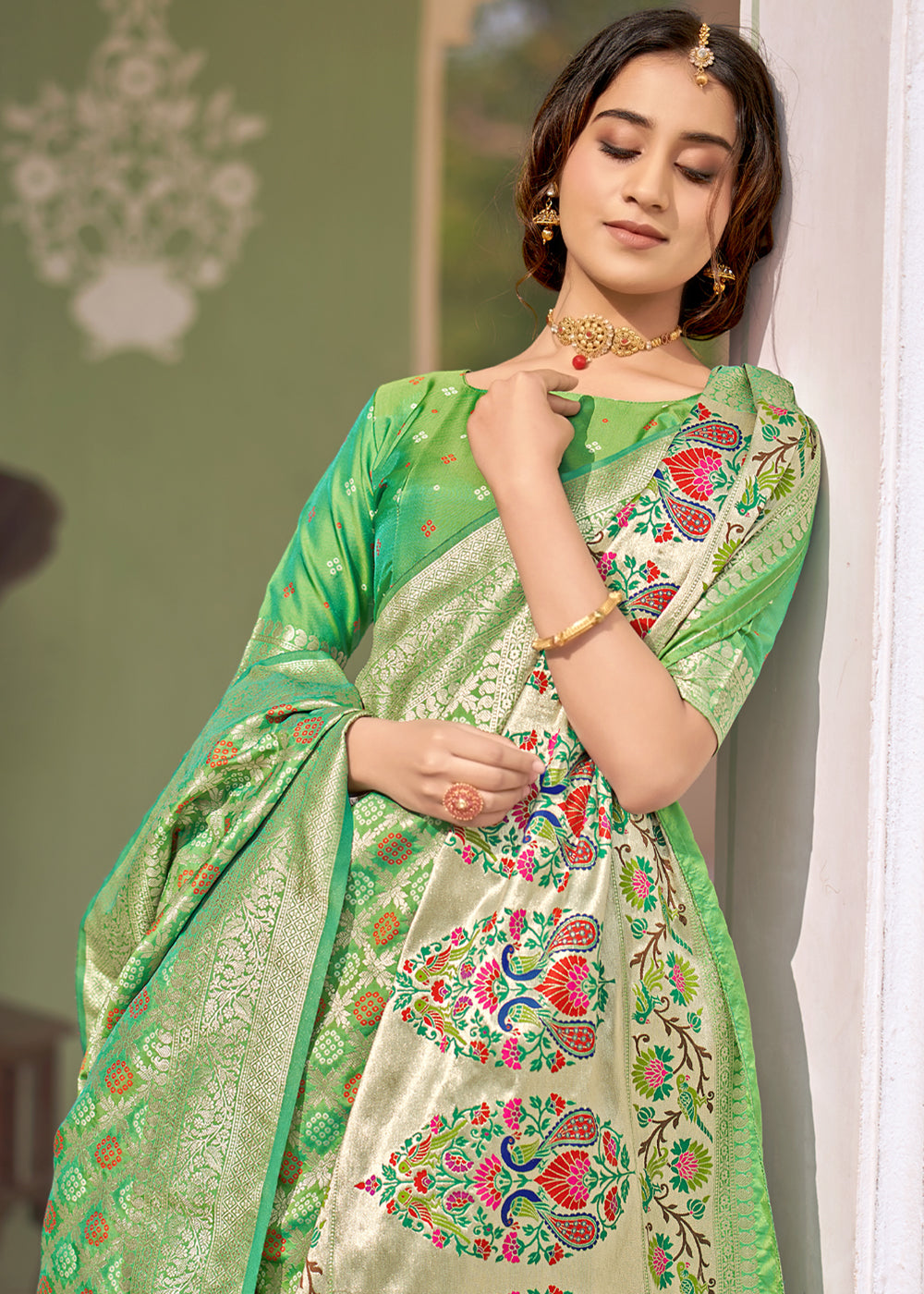 MySilkLove Silver Tree Green Zari Woven Banarasi Brocade Saree