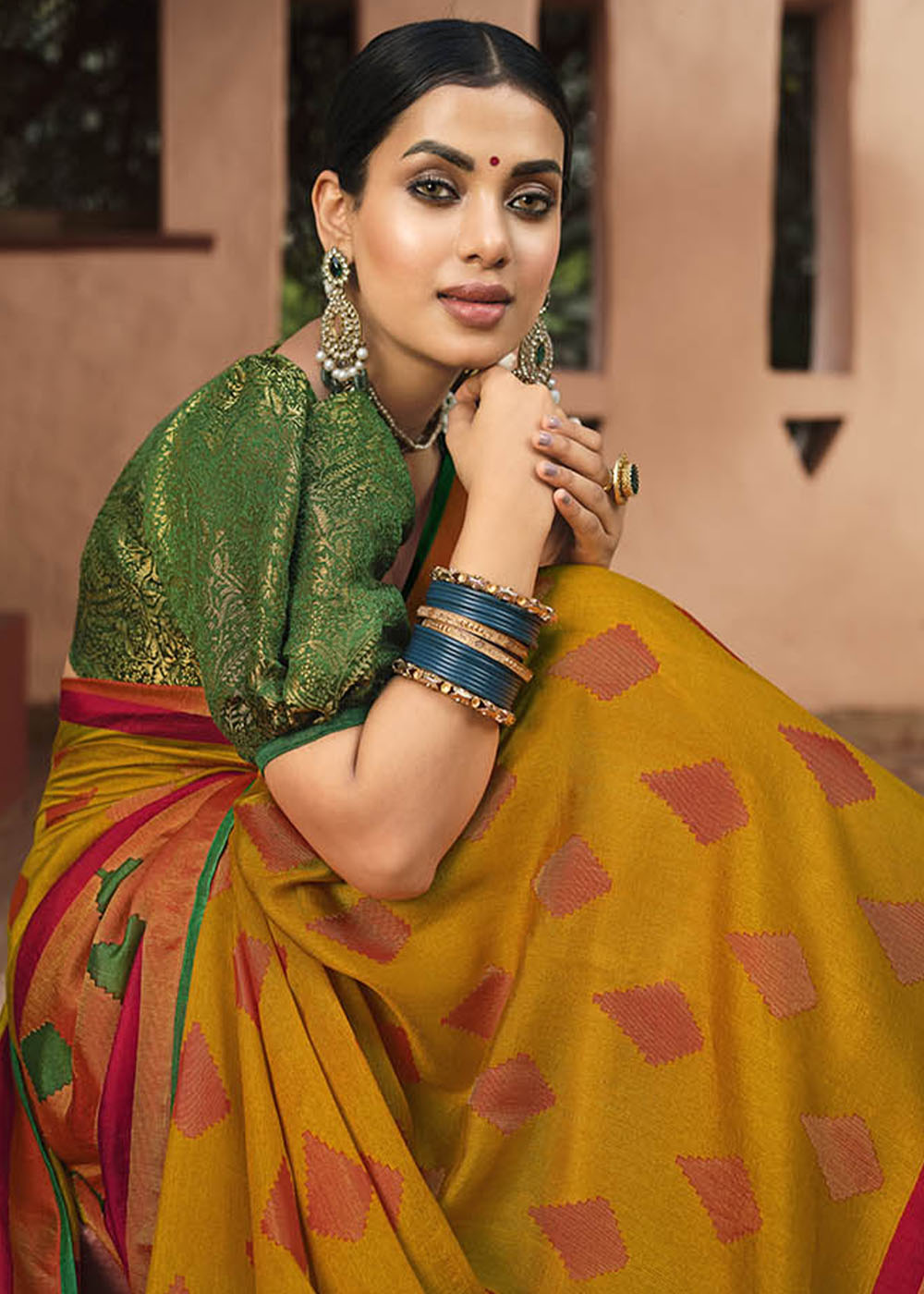 Buy MySilkLove Ochre Yellow and Red Soft Brasso Silk Saree Online