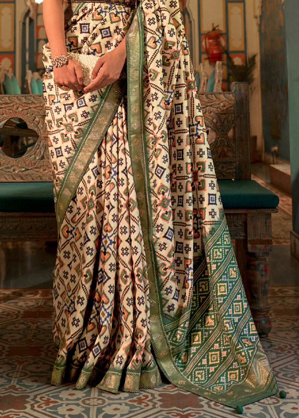 Buy MySilkLove Spanish Beige and Green Woven Patola Silk Saree Online