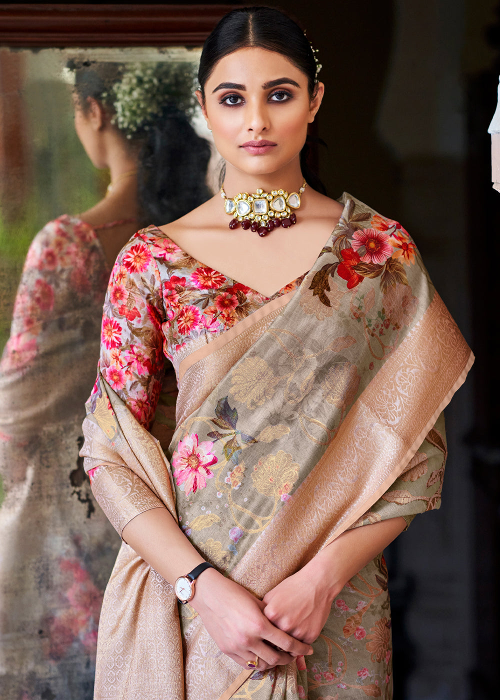 Buy MySilkLove Rodeo Dust Grey Zari Woven Floral Banarasi Saree Online