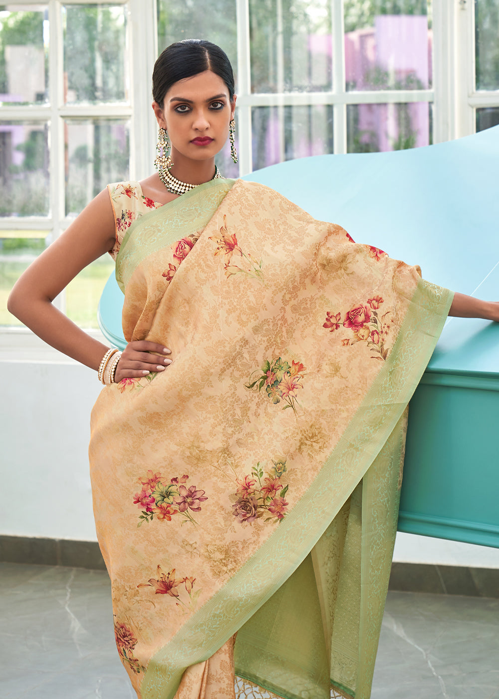 MySilkLove Calico Cream Banarasi Jacquard Printed Saree