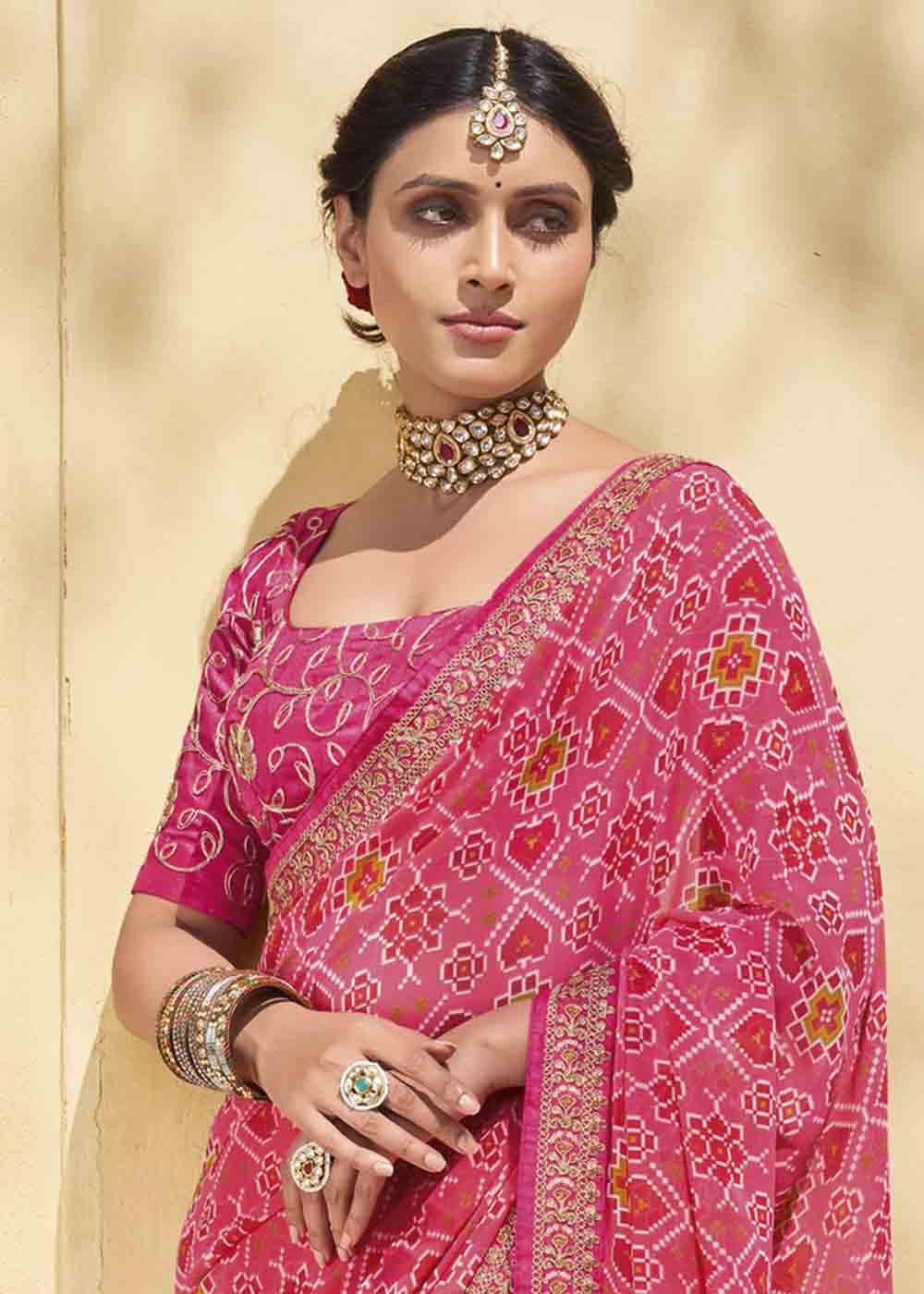 MySilkLove Contessa Pink Patola Print Georgette Saree With Embroidered Blouse