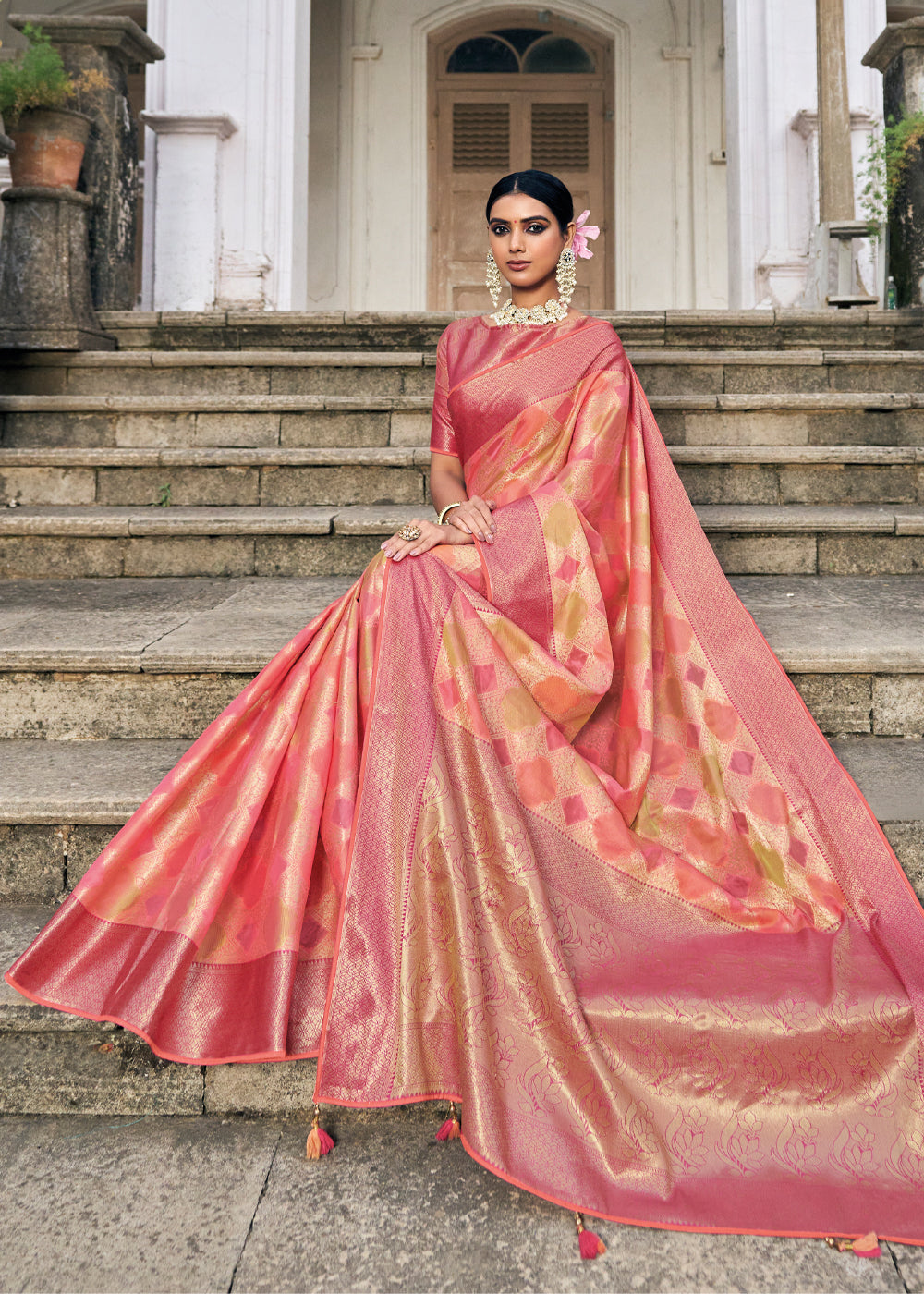 MySilkLove Romantic Peach Woven Organza Banarasi Silk Saree